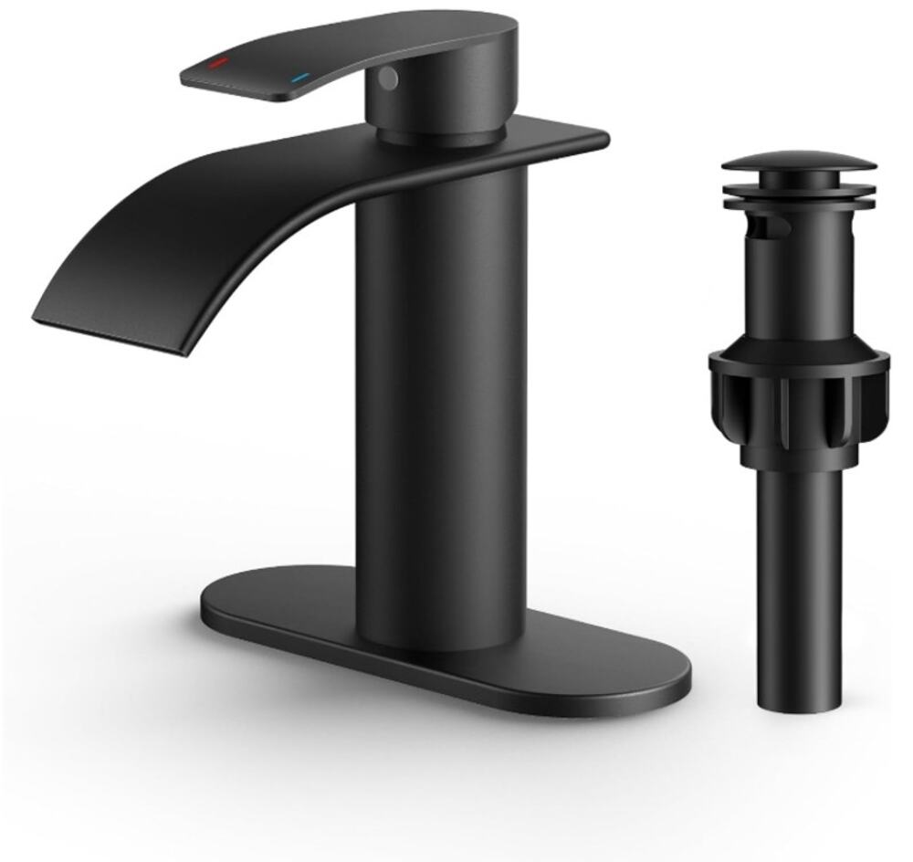 FORIOUS Matte Black Waterfall Bathroom Faucet w/ Drain 1 Hole Open Box